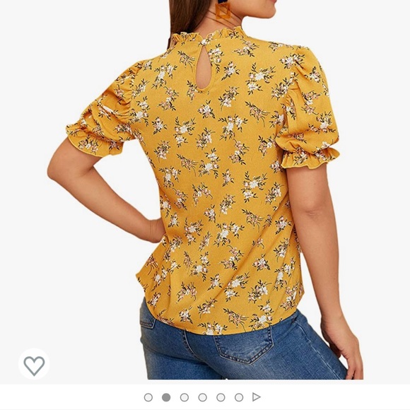 Floral print ruffle puff short sleeve casual blouse - Picture 3 of 3
